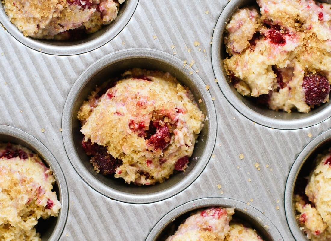 Raspberry muffins dusted with turbinado sugar