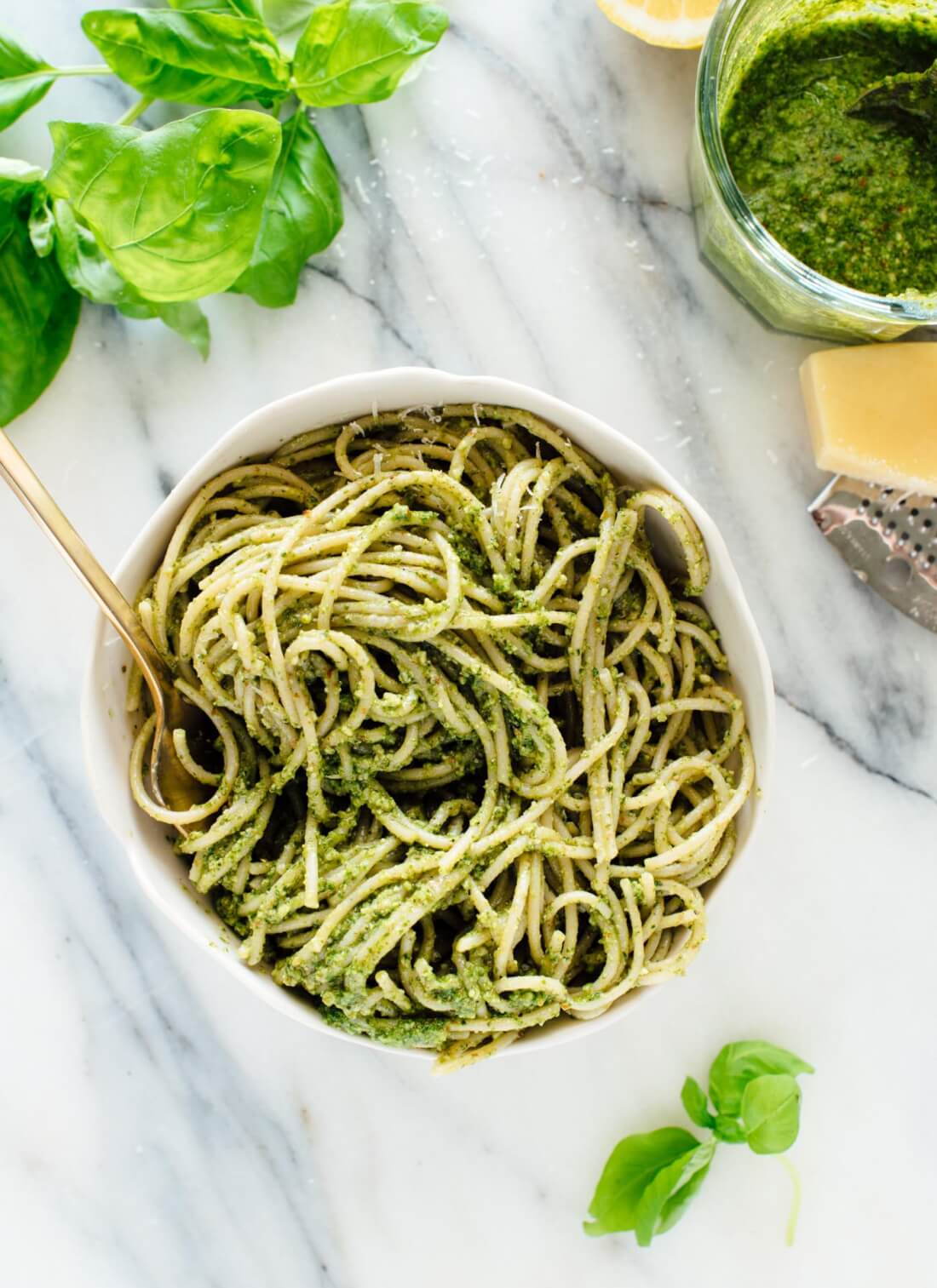 Basil pesto pasta, featuring homemade basil pesto! Learn how to make basil pesto at cookieandkate.com