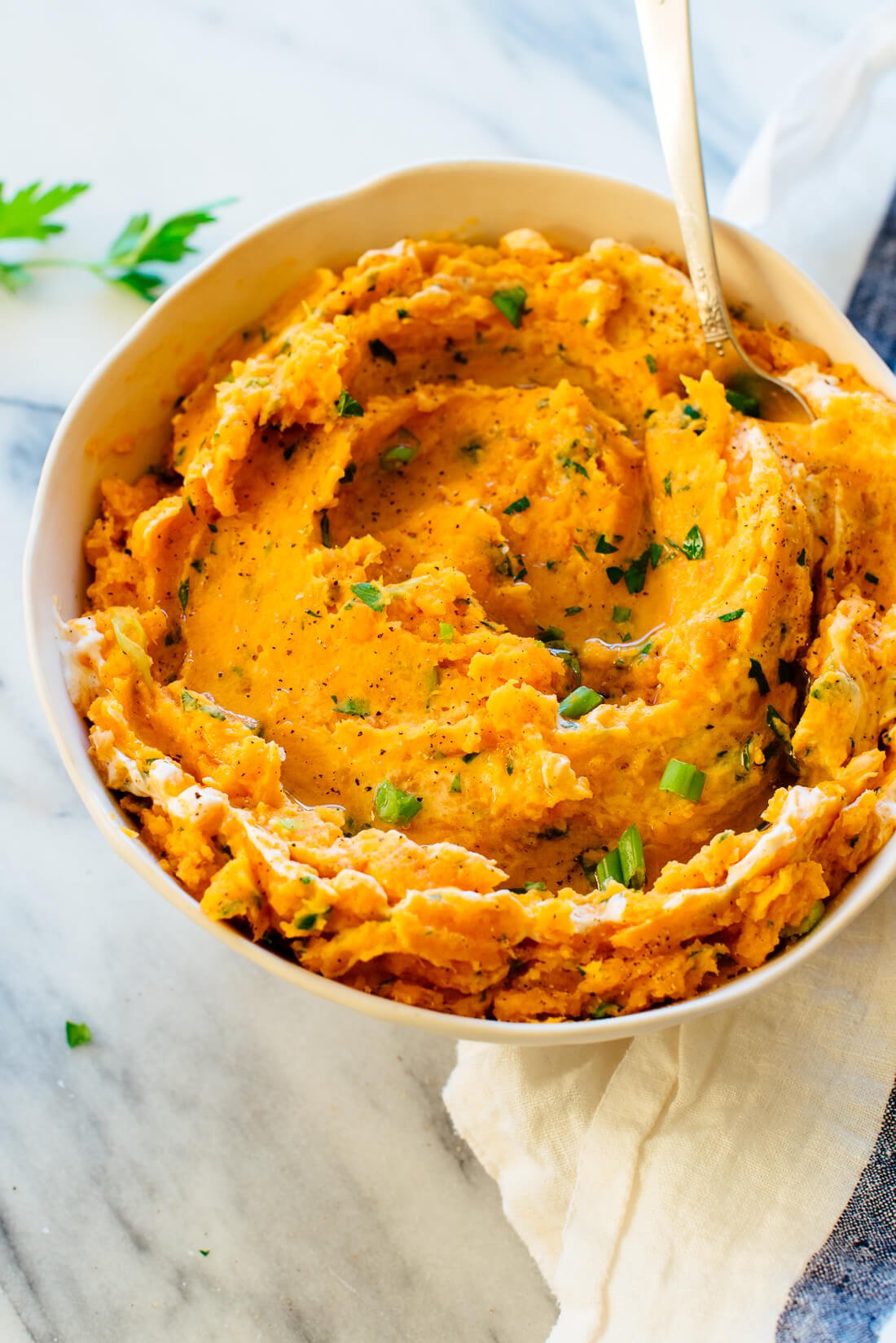 mashed sweet potatoes with herbs and sour cream