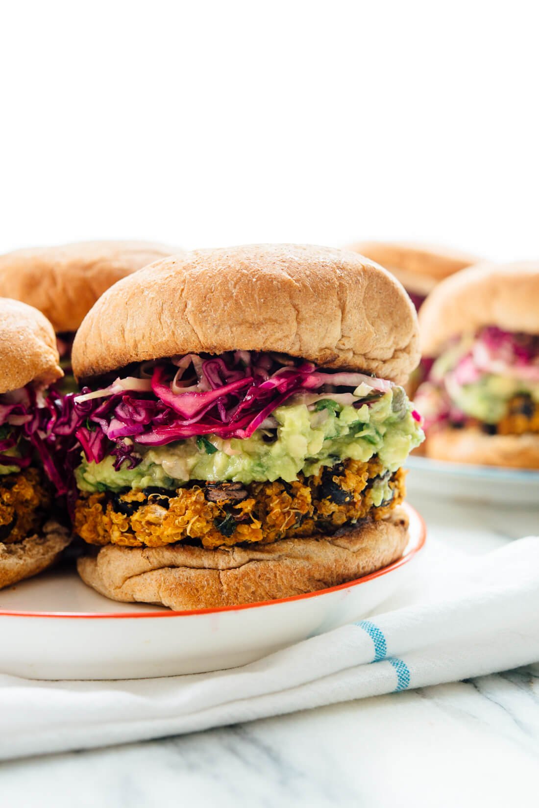 Sweet Potato–Black Bean Veggie Burgers with Cabbage-Pepita Slaw