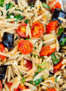Herbed eggplant, tomato and orzo pasta with feta