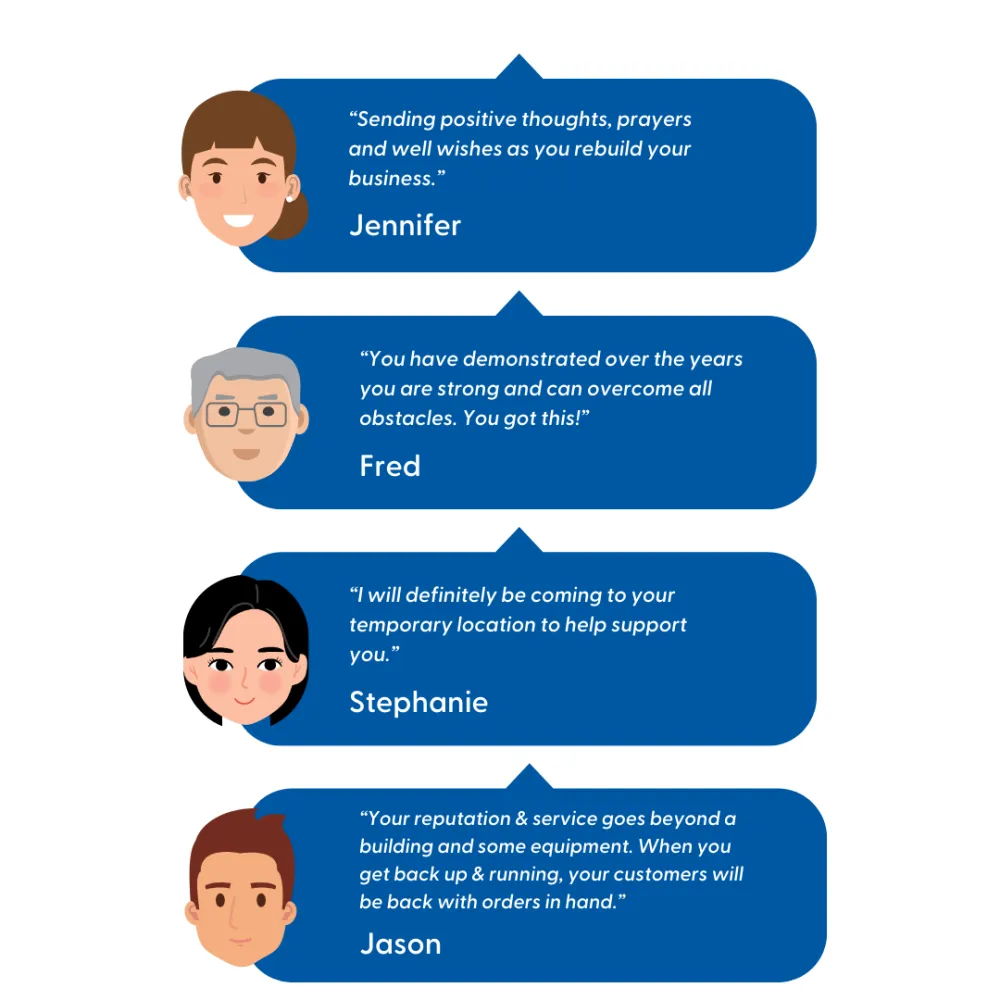 Social media comments providing community support to Moulded Warehouse after the fire.