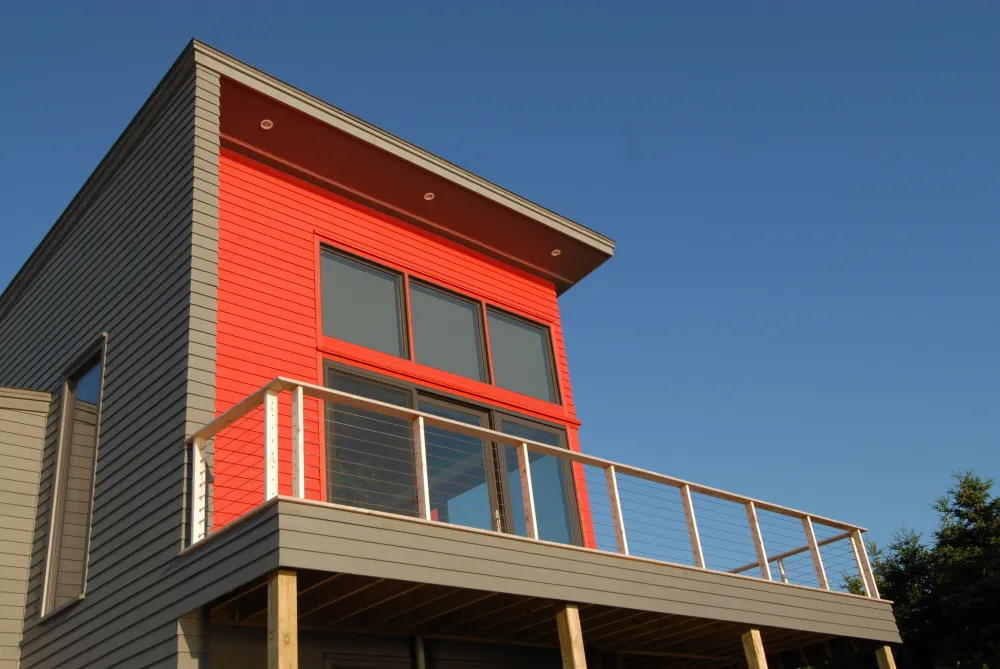 A red and grey house