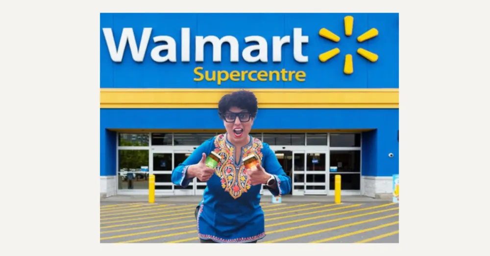 Woman holding two bottles of Indian sauces in front of Walmart