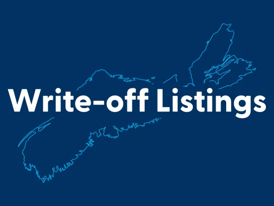 Write-off Listings text on an outline of Nova Scotia