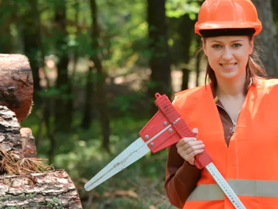 Female worker standing by logs depicting the Forestry Innovation Rebate Program