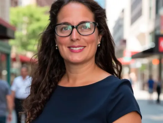 Woman wearing glasses standing in front of busy street with people and buildings in background