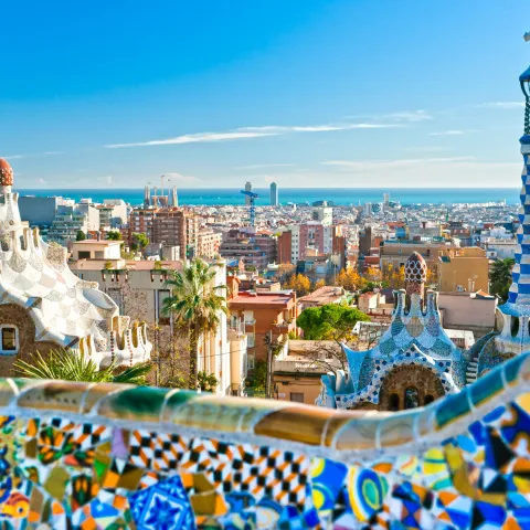 An image of a patio overlooking the ocean in Barcelona, Spain. 