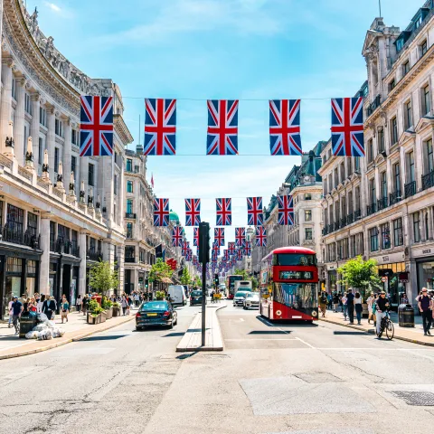 London, England Street with Union Jack Flags