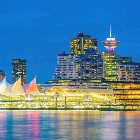 Downtown Vancouver skyline, cityscape of British Columbia in Canada at sunset