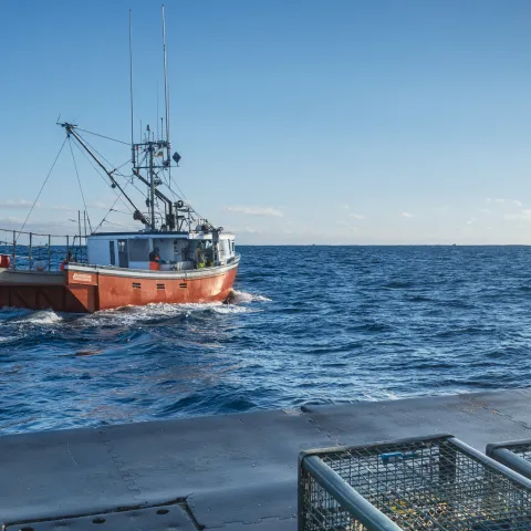 Red Fishing Boat with Lobster Traps