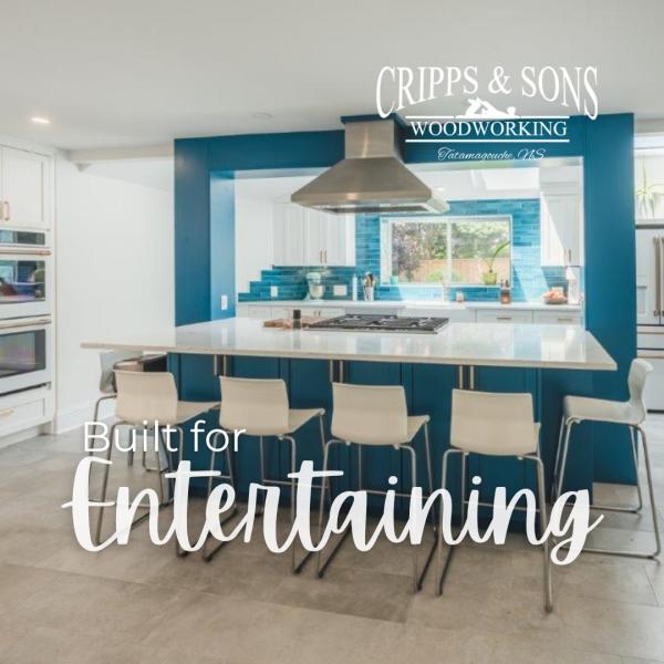 Cripps & Sons Entertaining: Kitchen Island with stools, blue feature wall
