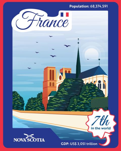 Nova Scotia Government France Trading Card with scenic view of a church in France.