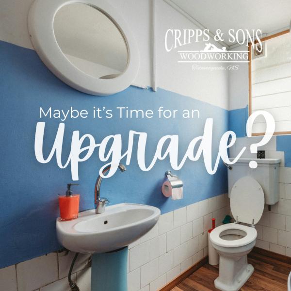 Cripps & Sons Upgrade: New bathroom with blue striped wall feature and blue pedestal on sink