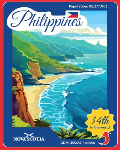Image designed to look like the Philippines with mountains, ocean and sand.