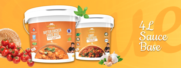 Large containers of Indian sauce products with orange background