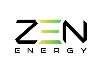 Black and green lettering spelling Zen Energy