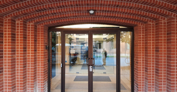 Glass door entrance in brick building