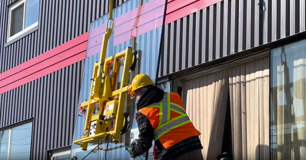 Glass installer helping raise a window up the side of a building
