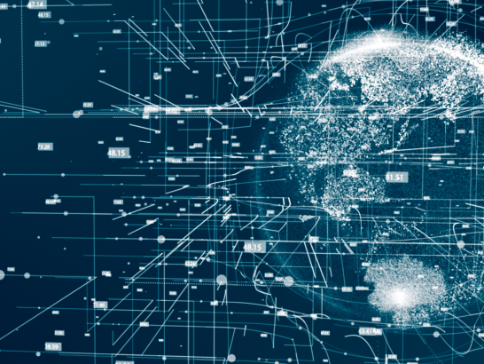 Blue background with technology graphics for the Deep Tech article