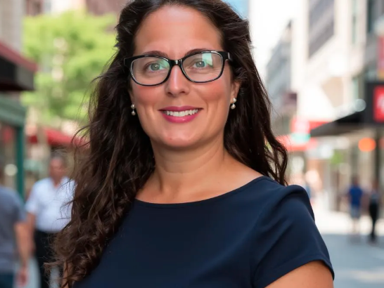 Woman wearing glasses standing in front of busy street with people and buildings in background