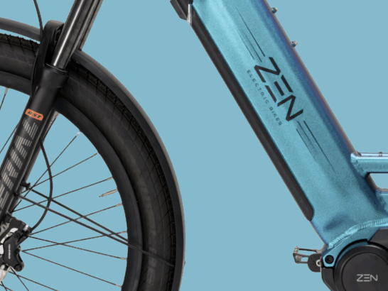Side front end view of blue ebike
