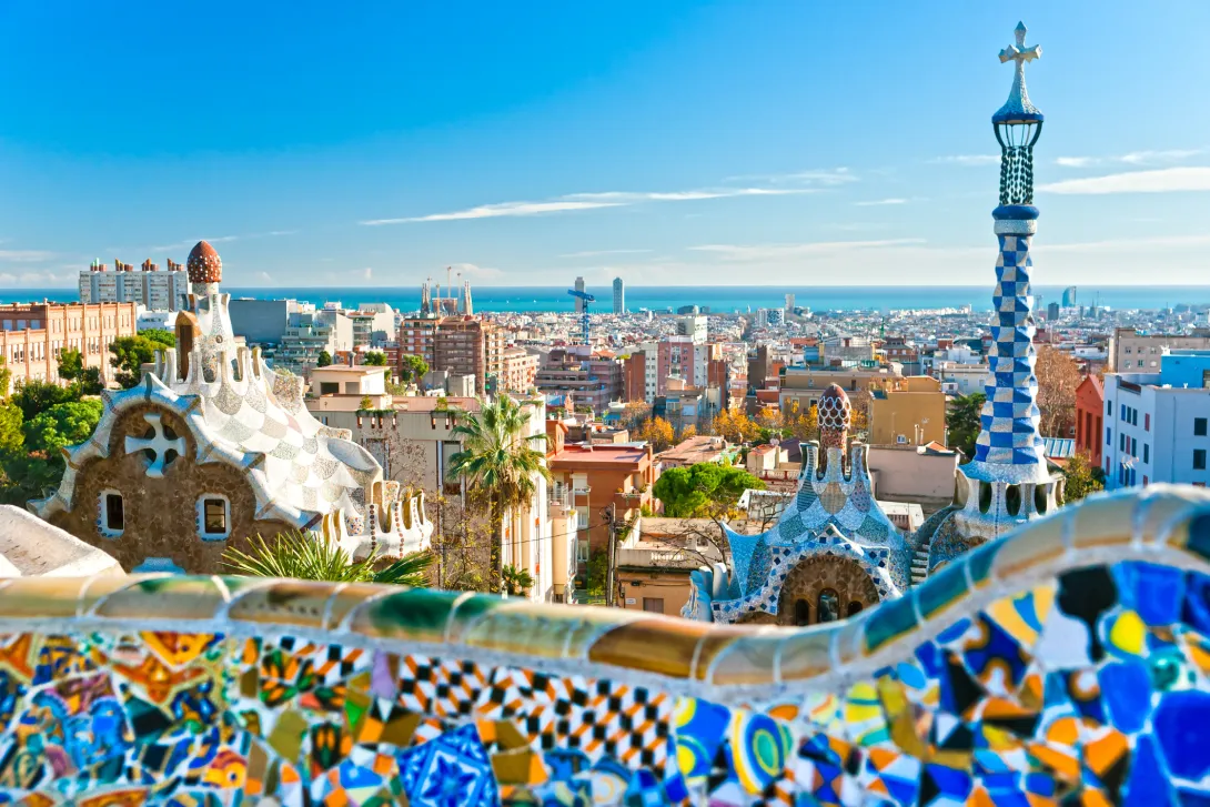 An image of a patio overlooking the ocean in Barcelona, Spain. 