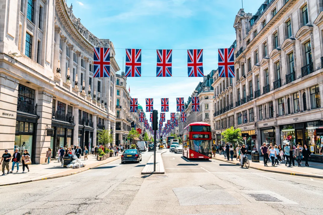 London, England Street with Union Jack Flags